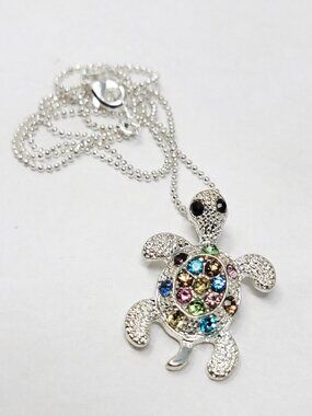 Silver Tone Crystal Sea Turtle Pendant Necklace Multicolor Rhinestone